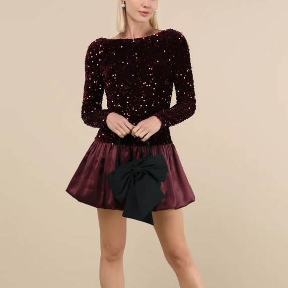 Lulus Event Aura Burgundy Sequin Long Sleeve Mini Dress Size XS - Picture 1 of 9